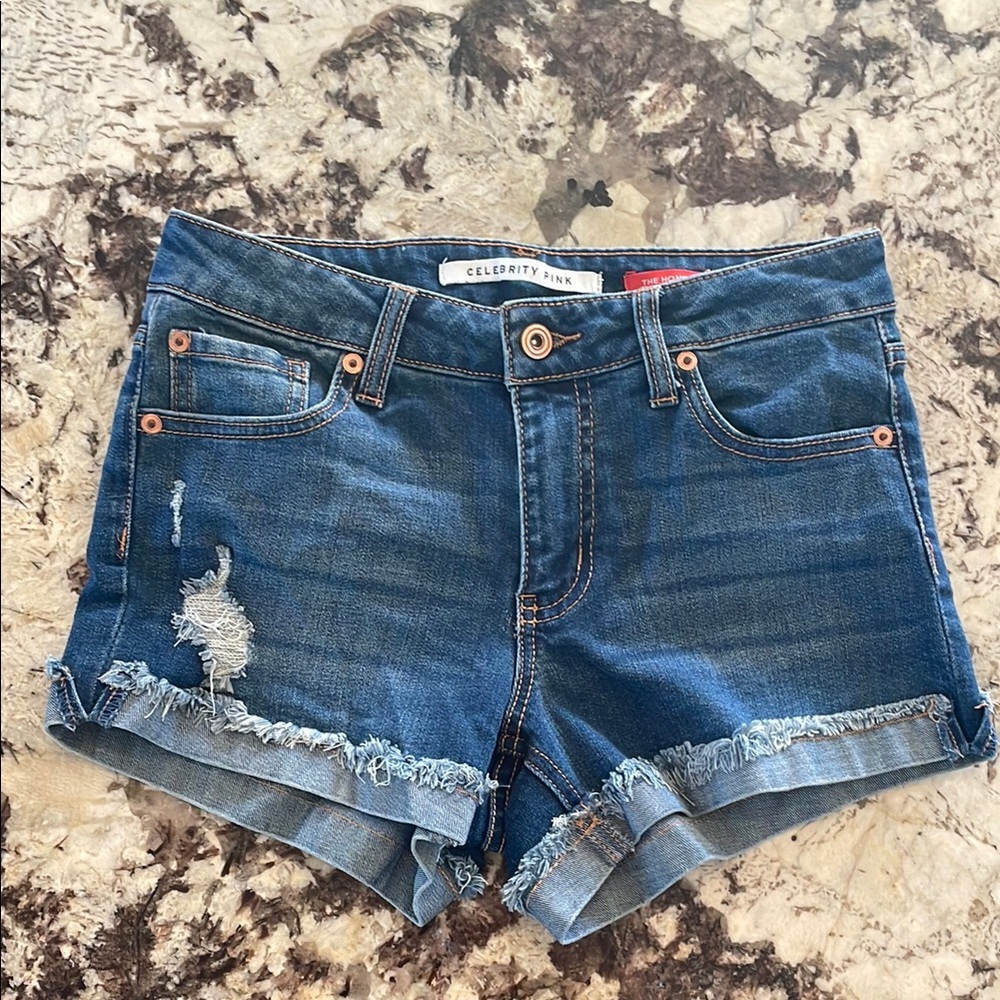 Celebrity Pink Blue Jean Shorts with Distressed Details